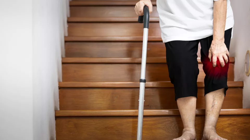 Elderly in stair with cane